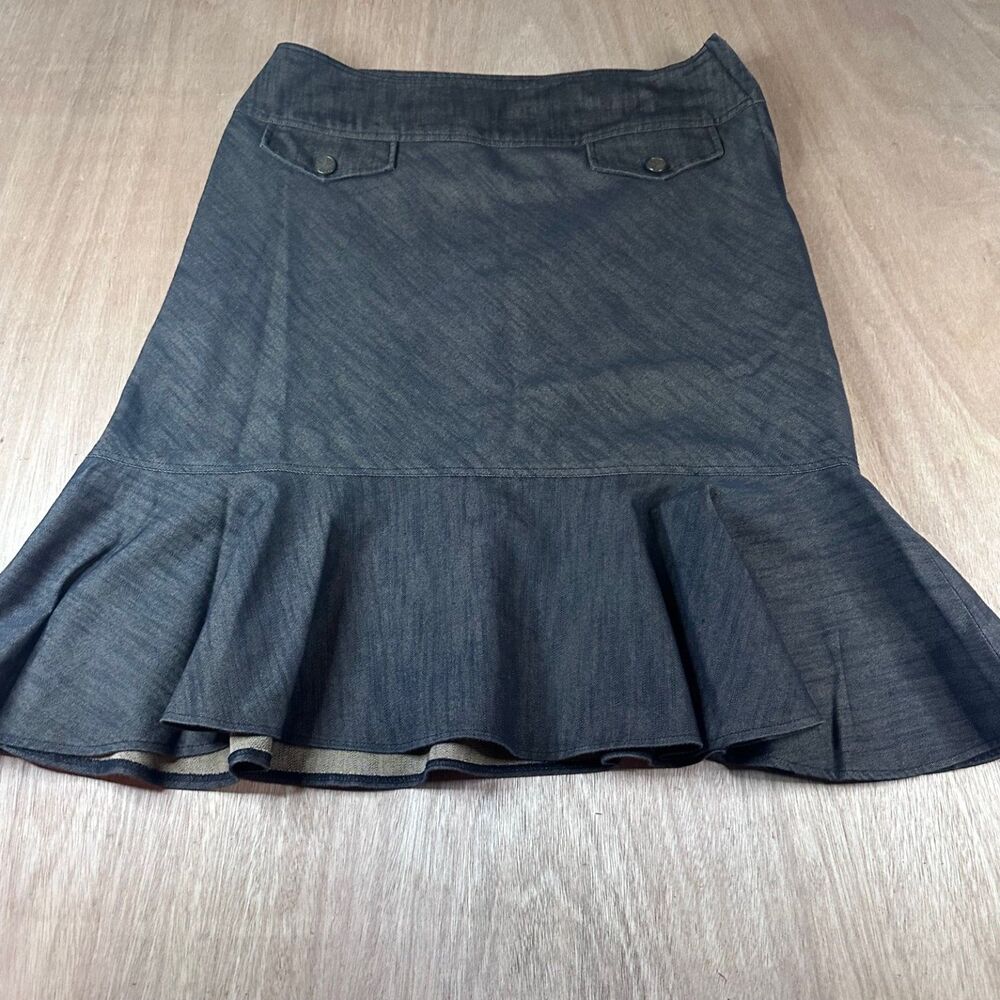 Cato Women’s 14 Brown Denim Skirt Side Zip Ruffle Hem Faux Pocket Peplum Midi